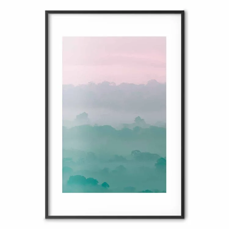 Misty Dawn - landscape of trees amid dense fog in pastel colors