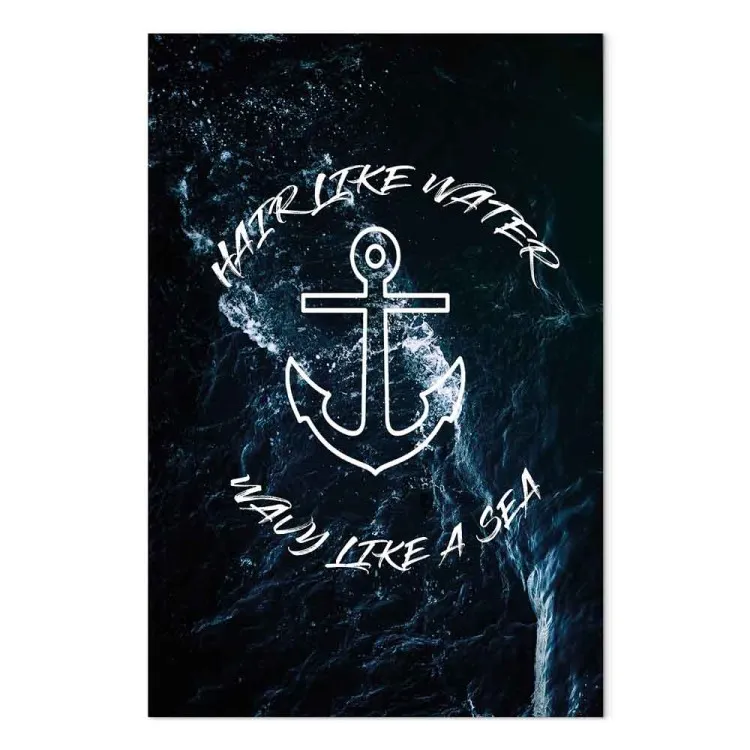 Upset, wavy sea - Inscription in English Hair Like Water, Wavy Like A Sea on the background of the ocean pomegranate and powerful forces of nature