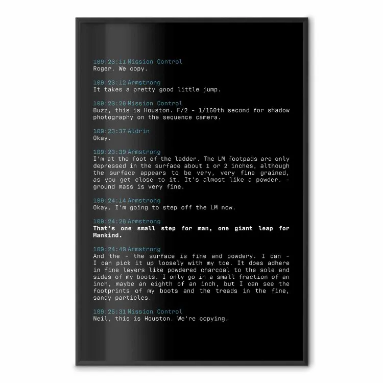 First Step - black and white text from moon exploration in space