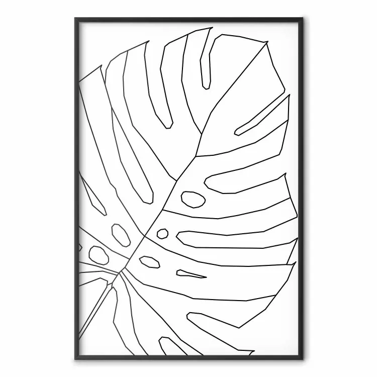 Monstera Drawing - black and white line art of monstera leaf on light background