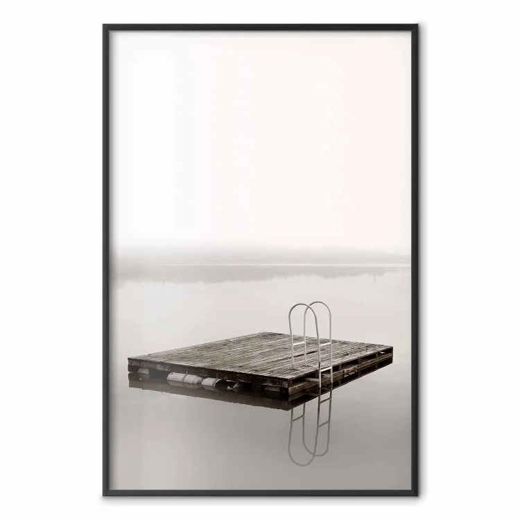 Dive In - board with a ladder in the middle of a lake amidst white glare