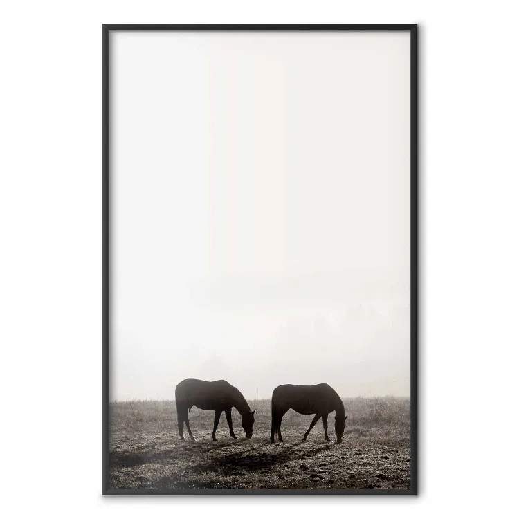 Morning Respite - landscape of horses in a field against bright sky