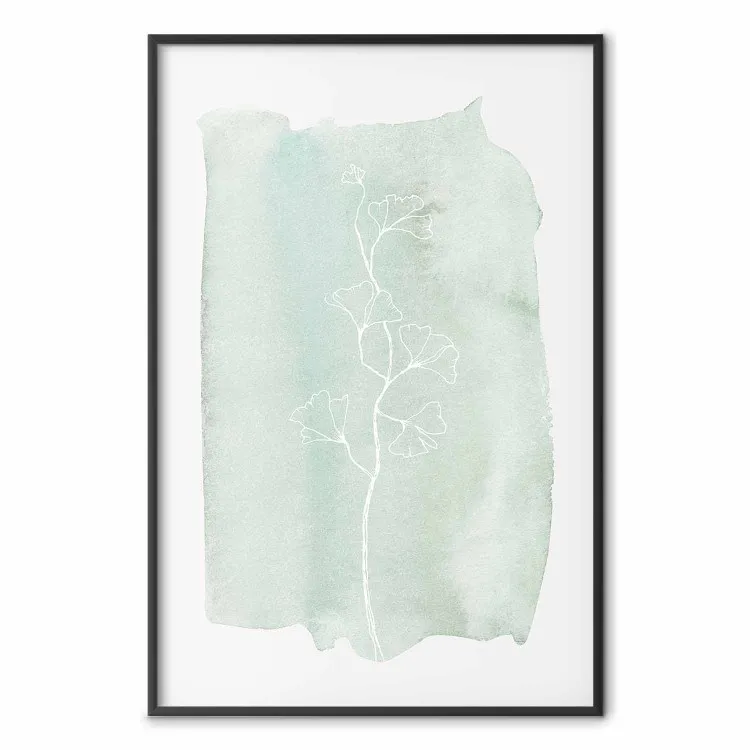 Minty Ginkgo - white line art of a plant with flowers on a mint background