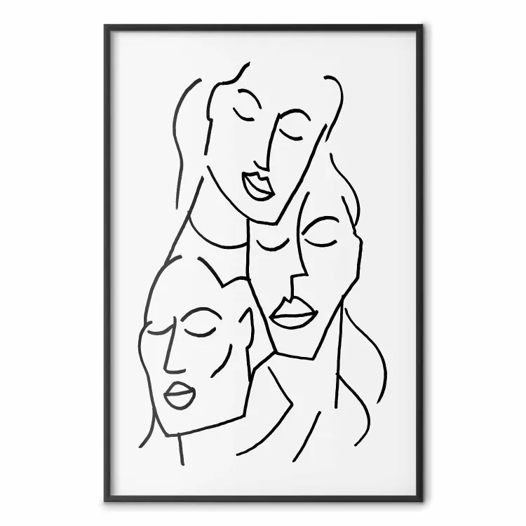 Three Faces - black line art of character faces on a solid gray background