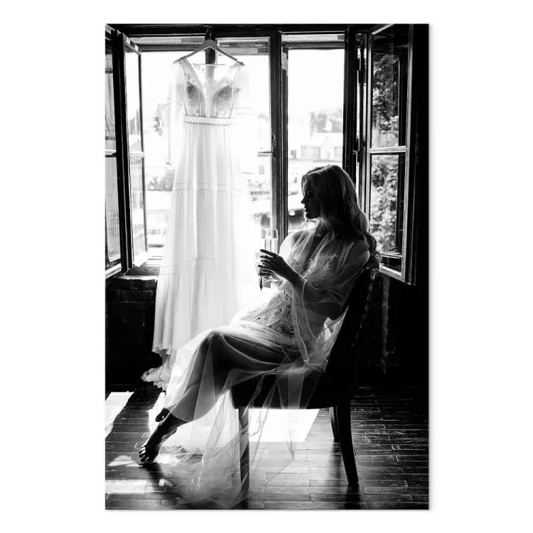 Woman and wedding dress - black and white photo with sitting woman