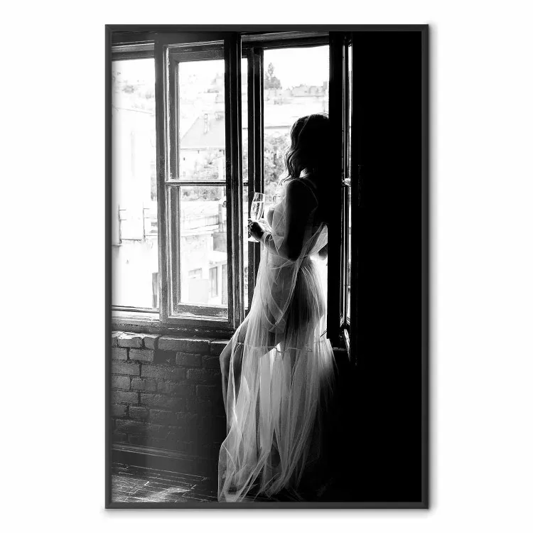 Traveling Memory - black and white landscape of a woman against a window backdrop