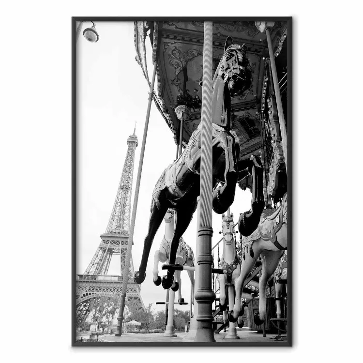 Spinning Paris - gray carousel landscape with a horse against the backdrop of the Eiffel Tower