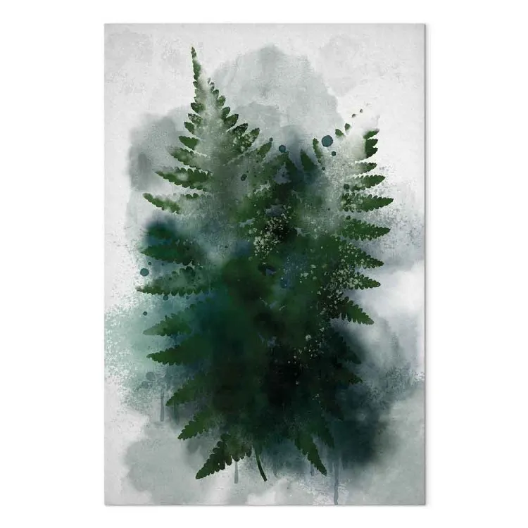 Fern in the fog - plant leaves in cold fog cloud, green and grey