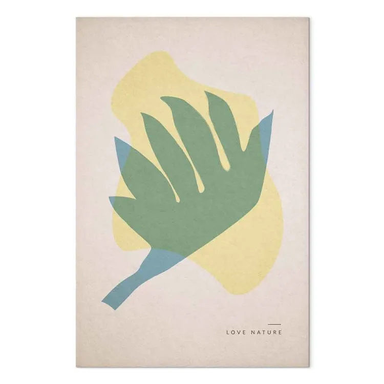 Love Nature - Pastel Abstraction in the Scandinavian style with a leaf on the shape of a rising bird and an inscription in English
