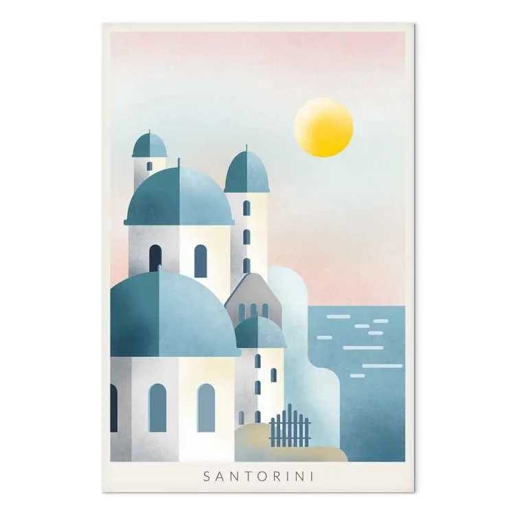 Greek Santorini - landscape with a characteristic white architecture of Santorini island and the sea with subtitles