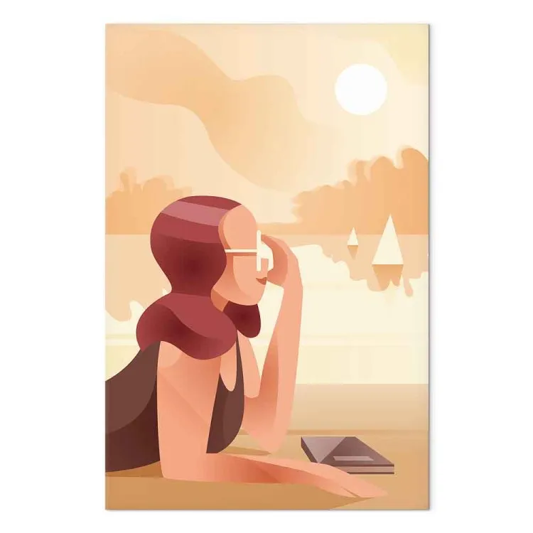 Woman over the lake - artwork with beach, women and sailboats