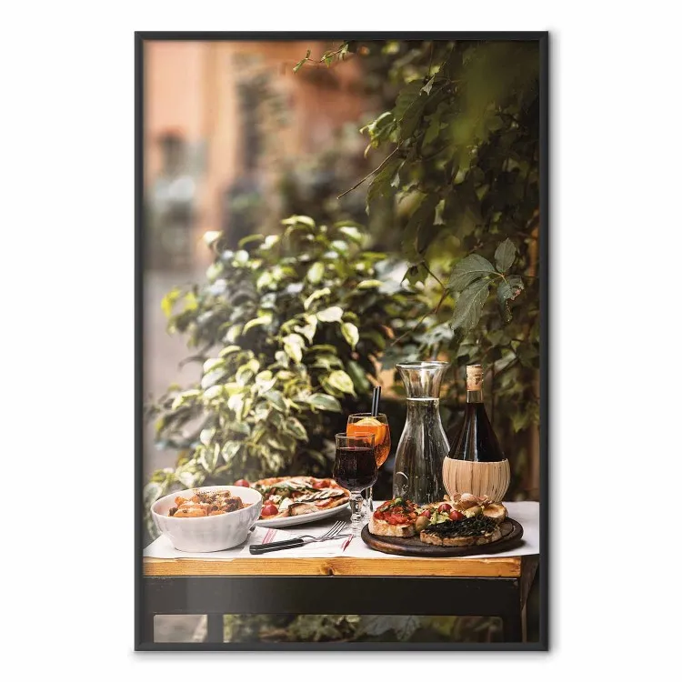 Siesta - composition with wine and Italian food against green plants