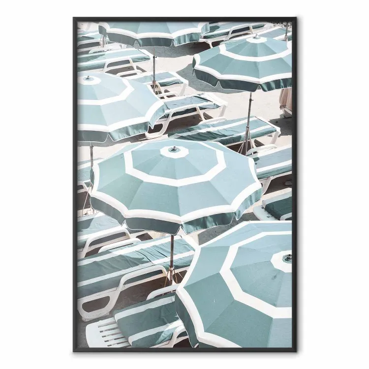 Turquoise Umbrellas - summer landscape of a sandy beach filled with sunbeds