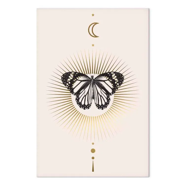 Black and white butterfly on the background of the sun - composition with the moon, sun and planets of the Solar System on a scandiboho background