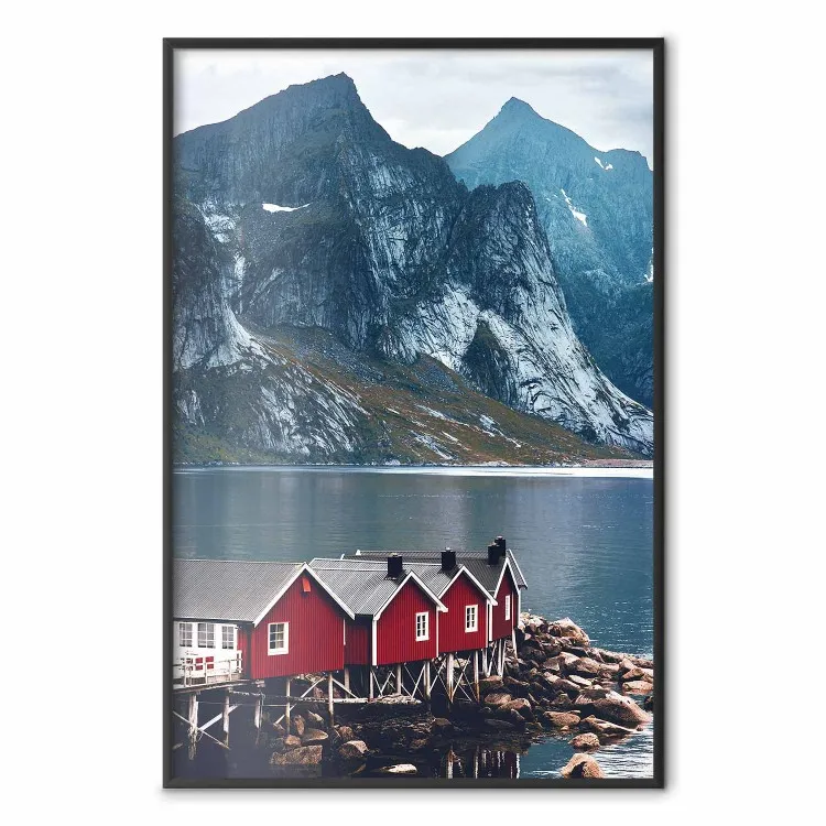 Soothing Blue - landscape of a red cottage and lake against mountains