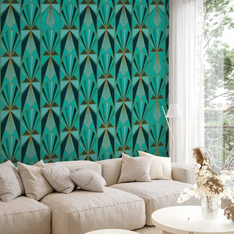 Green abstraction - colourful patterns in gold frame in art deco style