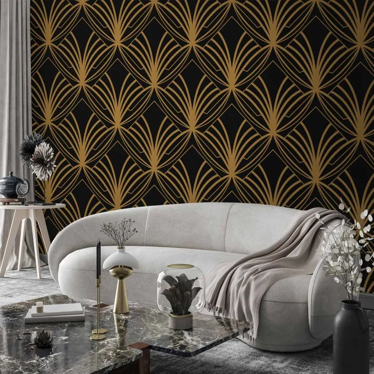 Art deco time - regular abstraction with gold patterns on black background