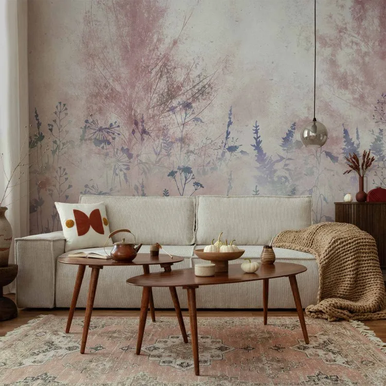 Pink dawn - landscape of delicate plants in grey and blue tones