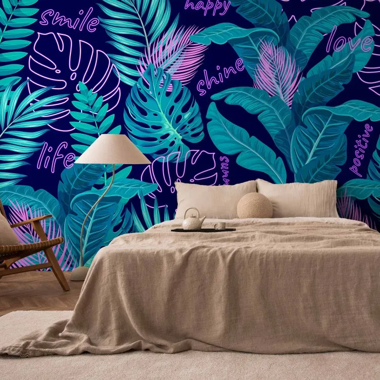 Neon Jungle - Leaves and Inscriptions in Bright and Vivid Colors