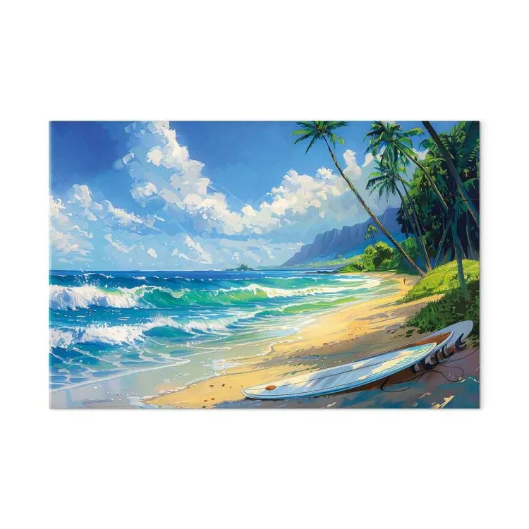 Lone Board - Beach with Ocean Waves and Palms in the Background